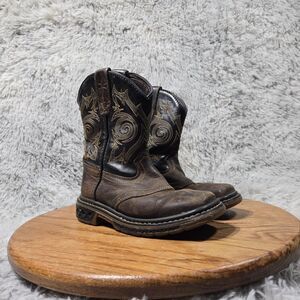 Georgia Boot Kid Sz 11M Carbo-Tec Western Embroidered Zip Up Brown Leather Boots